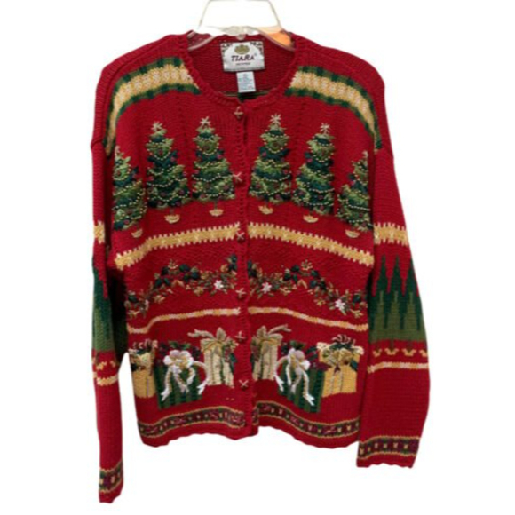 Vtg Tiara Women’s L Christmas Tree Gifts Sweater Cardigan Red Embellished - Picture 1 of 6